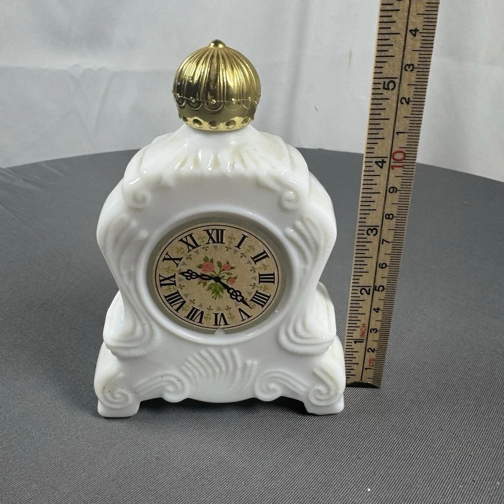 Vintage AVON Brocade White Milk Glass Mantel Clock Foaming‎ Bath Oil 5 oz